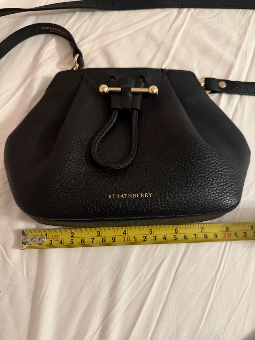 Strathberry Black Pebble Leather Drawstring Crossbody with Gold Hardware